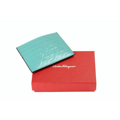 Salvatore Ferragamo Men`s Turquoise Logo Print Leather Card Case