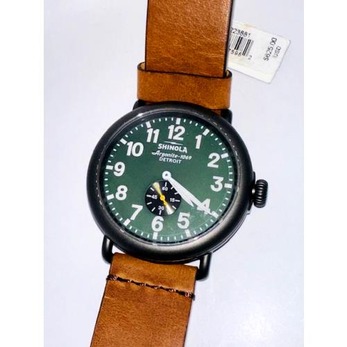 Shinola Runwell 47mm Green Dial Gunmetal Brown Leather Watch S0120223881