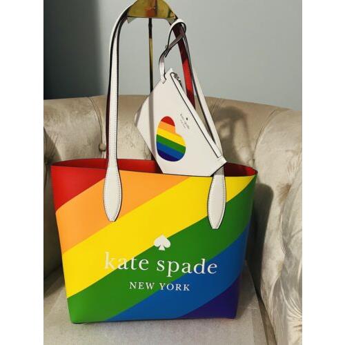 Kate Spade Rainbow Pride Small Reversible Tote Bag Handbag Zip Pouch Clutch Set