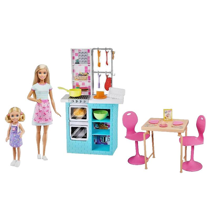 Barbie Kitchen Baking Set 2 Fashion Dolls Accessories Table Chairs Chelsea