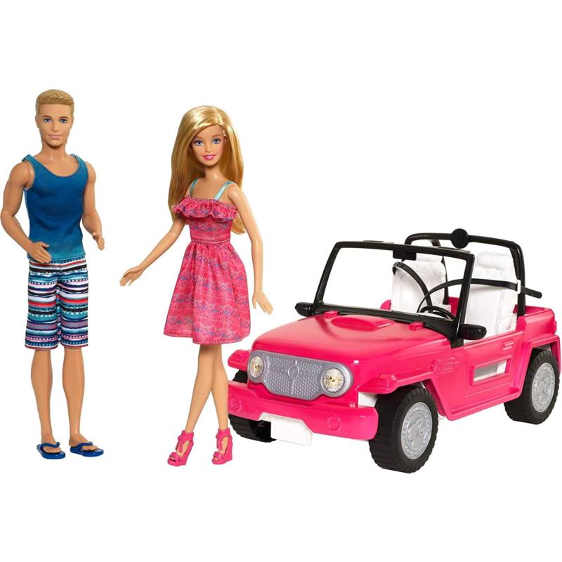 Barbie Beach Cruiser 2-Seater Car with Doll in Sundress and Ken Outfit Toy