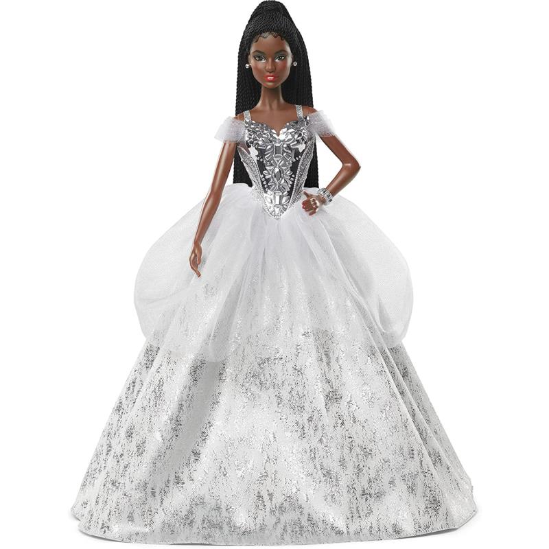 Barbie Signature 2021 Holiday Doll 12-Inch Brunette Braided Hair in Silver Go