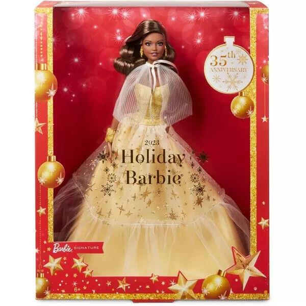 Barbie Signature 2023 Holiday Collector Doll with Golden Gown and Dark Brown