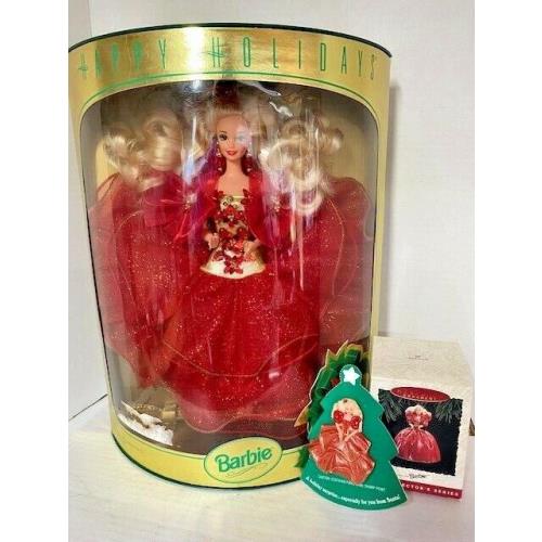 CE Happy Holidays 1993 Barbie Doll Red Christmas Pretty Nrfb + Pin Ornament