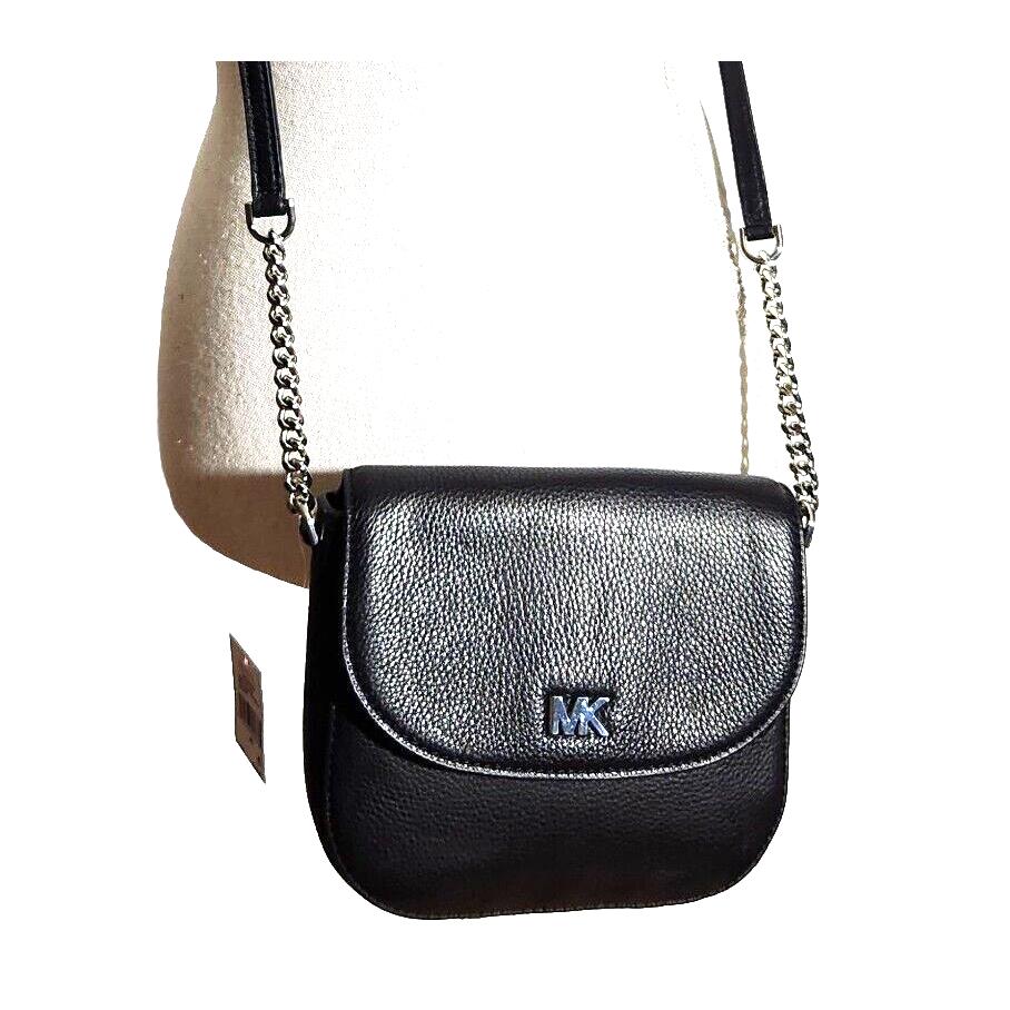 Michael Kors Half Dome Crossbody Bag Black Leather Silver Chains