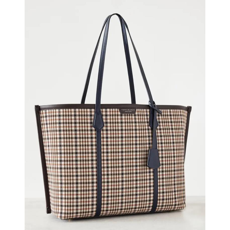 Tory Burch Perry Plaid Triple Compartment Canvas Tote In Multi/ Gold