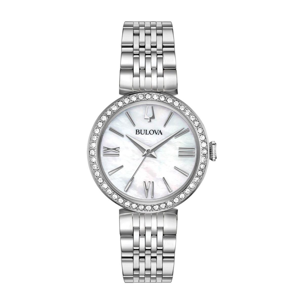 Bulova Women`s Crystal Accent Quartz Silver Watch Bracelet Box Set 30 MM 96X153