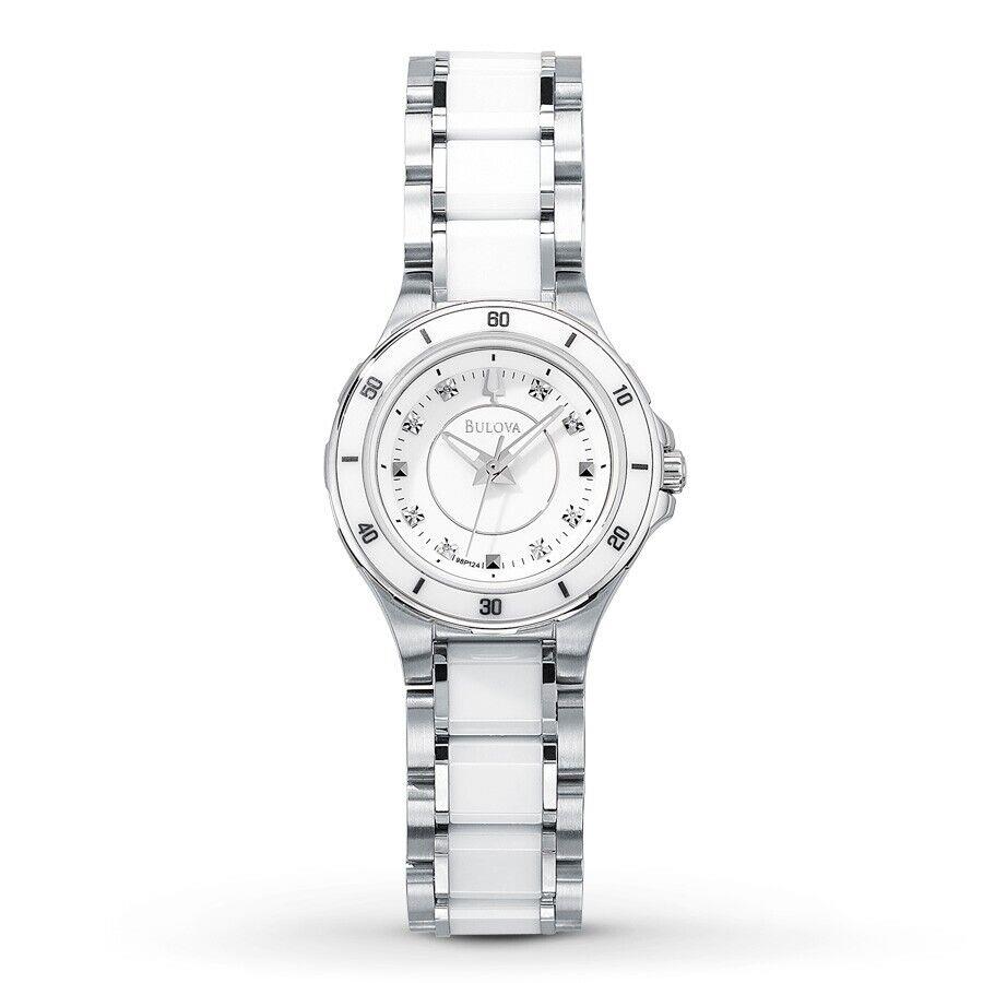 Bulova 98P124 Diamond Dial St. Steel White Ceramic Band Women`s Watch