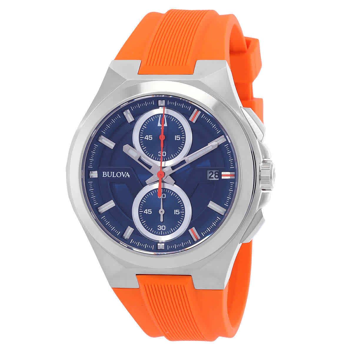 Bulova Maquina Quartz Blue Dial Men`s Watch 96B407 - Dial: Blue, Band: Orange, Bezel: Silver-tone