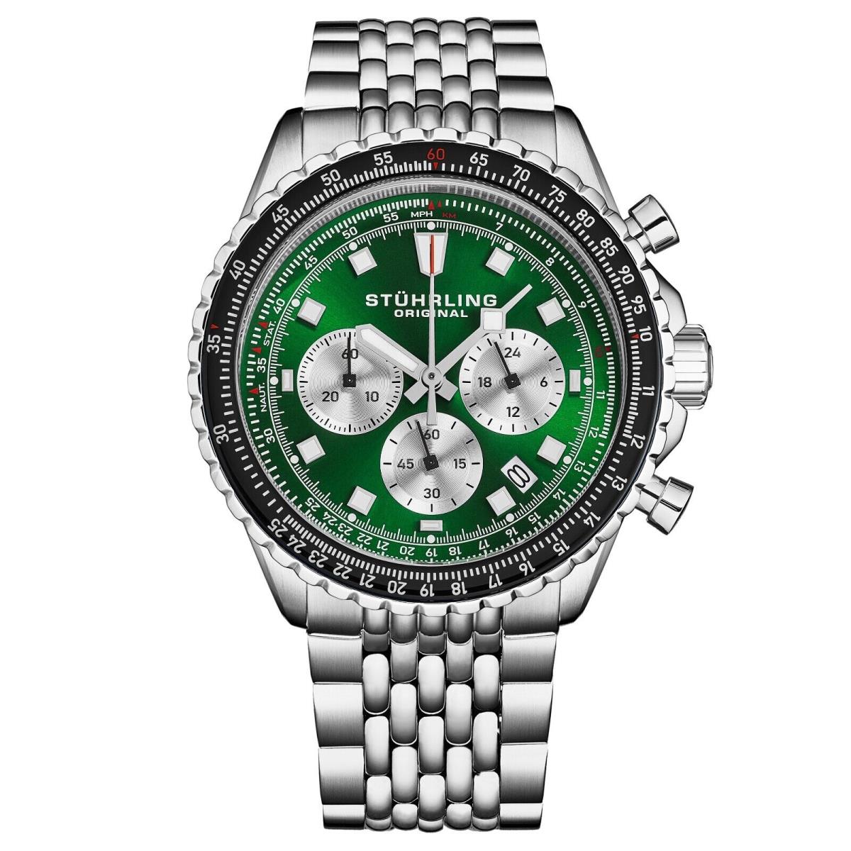 Stuhrling Japanese Chronograph Raceway 1010 44mm Stainless Steel Quartz Watch - Dial: Green, Band: Silver, Bezel: Black