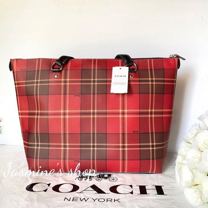 Coach CC939 Gallery Tote with Tartan Plaid Print Red/black Multi