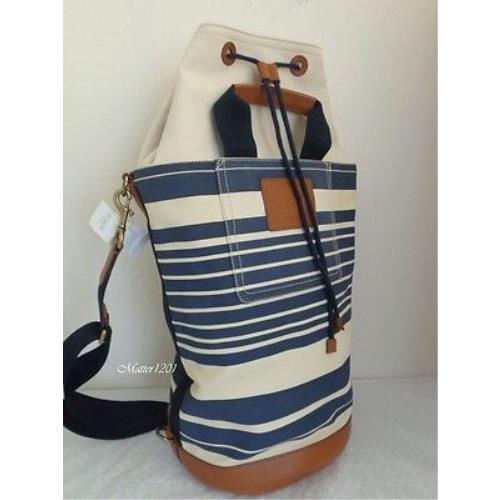 Coach F71275 Heritage Beach Stripe Canvas Barrel Bag Vintage Navy/saddle