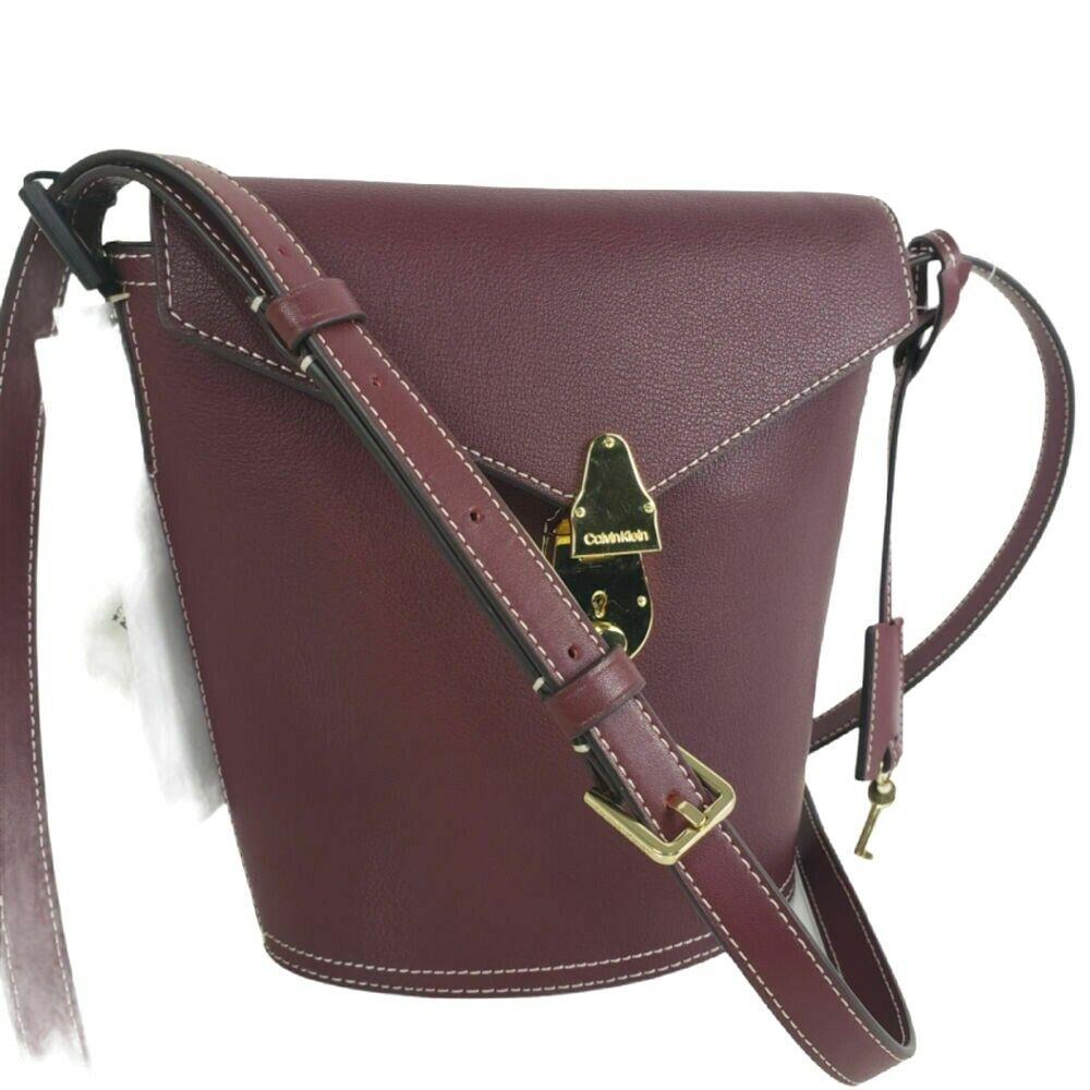 Calvin Klein Purse Lock Leather Mini Bucket Bag Merlot