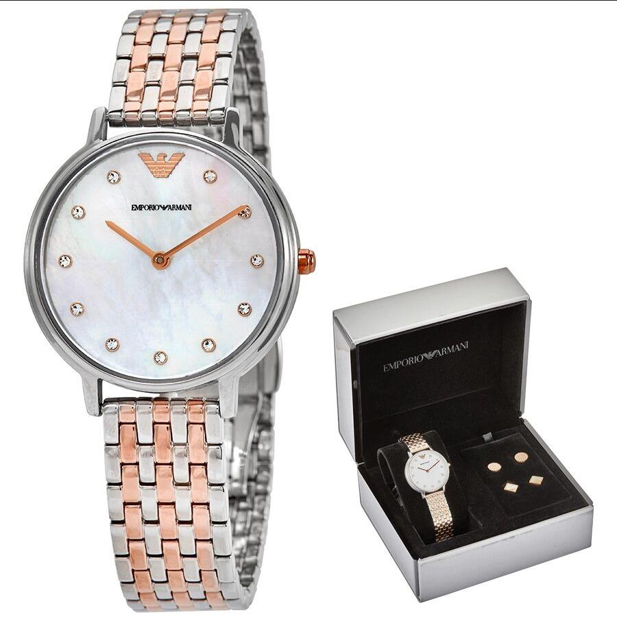 Emporio Armani White Mother of Pearl Dial Ladies Watch Earring Gift Set AR80019