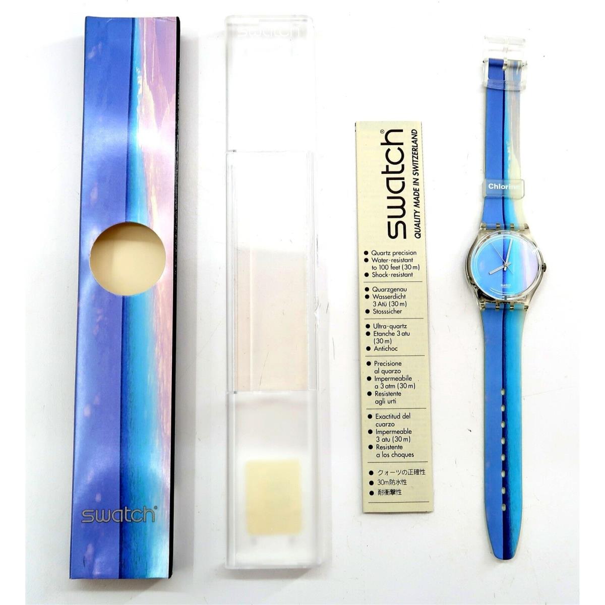 Swatch Watch Chlorine GK242 Old Stock 1997 with Case Papers Elements