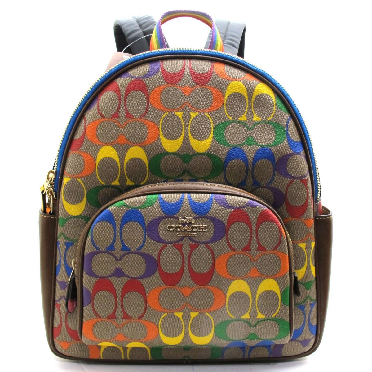 Coach Unisex Signature Rainbow Court Backpack Coated Canvas Leather Khaki