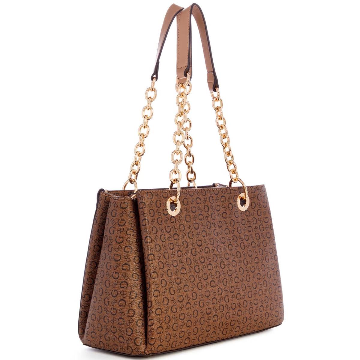 Guess Women`s Logo Satchel Chain Tote Crossbody Bag Handbag Purse - Cocoa