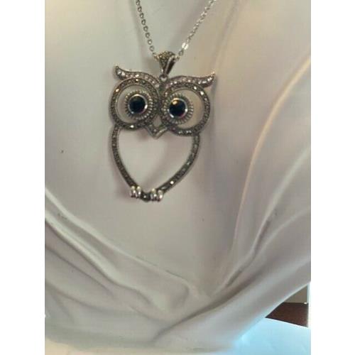 Lavish by Tjm Sterling Silver Onyx Crystal Owl Pendant - Swarovski Marcasite