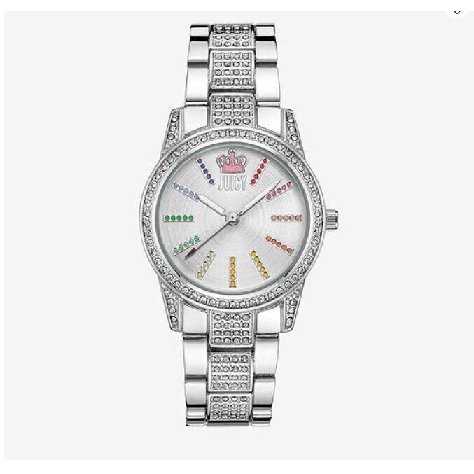 WT Women`s Juicy Couture Silver Tone Watch Rhinestones Multi Color