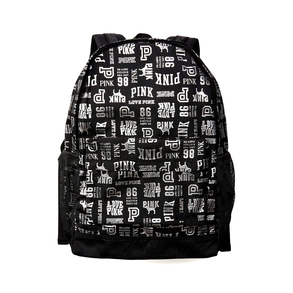 Victoria`s Secret Pink Backpack Classic Book Bag 2022 Black Silver Mixed Logo NW - Handle/Strap: Black, Lining: Black, Exterior: Black