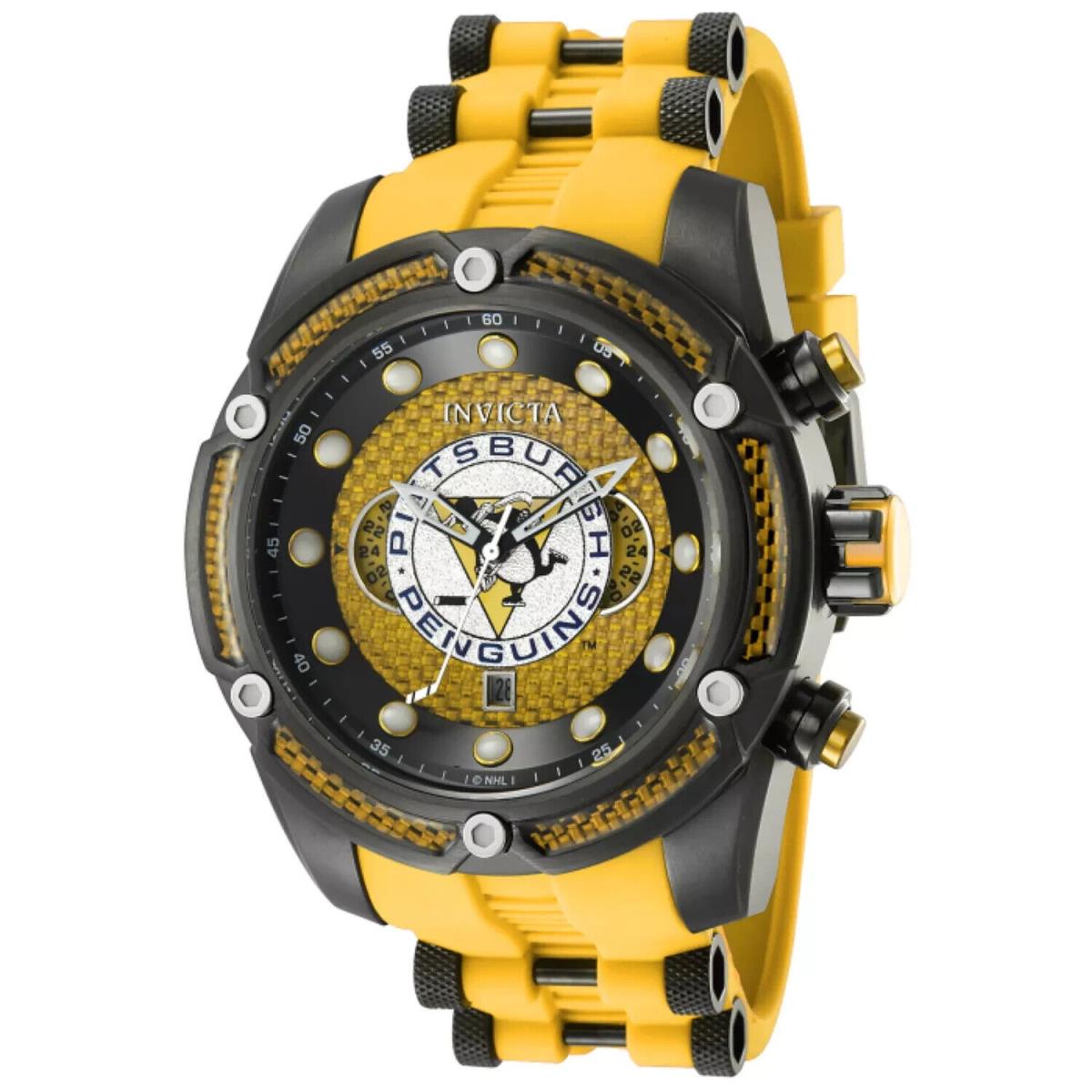 Invicta Men`s Watch Bolt Nhl Pittsburgh Penguins Chrono 52MM Case Yellow/black - Dial: Yellow, Band: Black, Yellow, Bezel: Black, Yellow