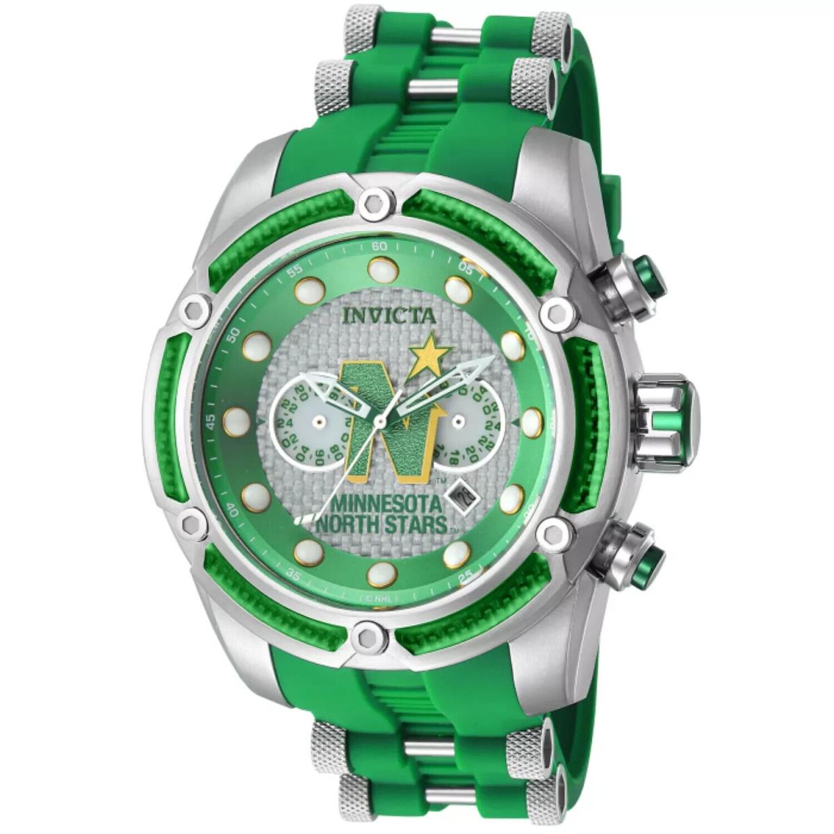 Invicta Men`s Watch Bolt Nhl Minnesota North Stars Chrono 52MM Case Green/silver - Dial: Silver, Band: Green, Silver, Bezel: Green, Silver