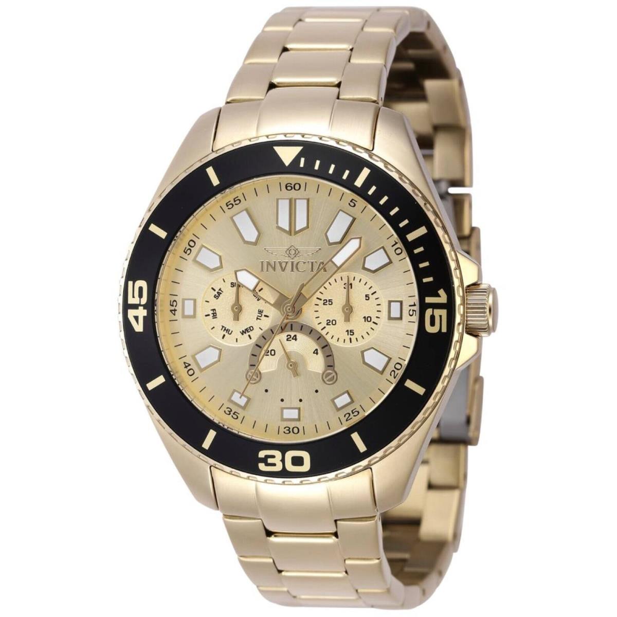 Invicta Men`s Watch Pro Diver Quartz Gold Tone and Black Bezel Bracelet 46880 - Dial: Gold, Band: Yellow