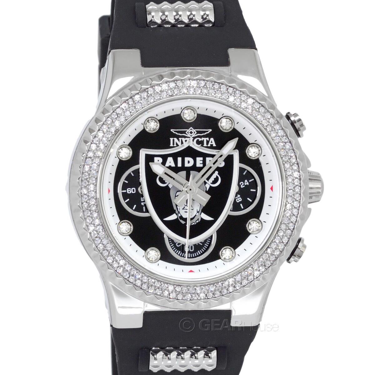 Invicta Nfl Las Vegas Raiders Womens Crystals Watch Logo Dial Black Silicone - Dial: Black, Silver, White, Band: Black, Silver, Bezel: Silver