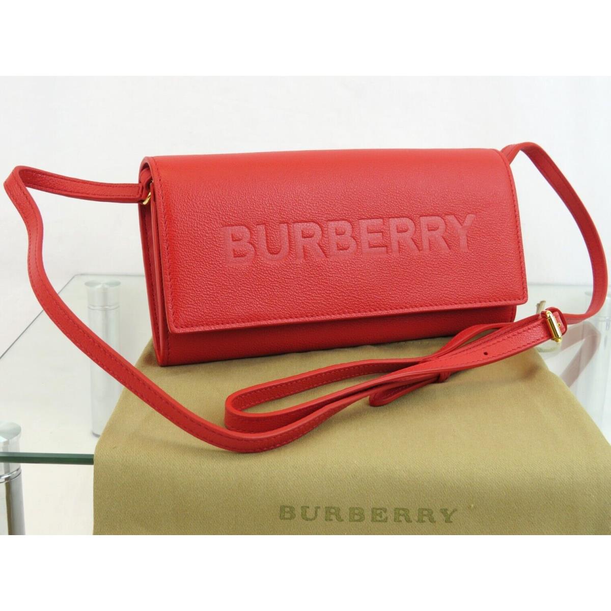Burberry Henley Red Logo Embossed Leather Flap Crossbody Strap Clutch Bag