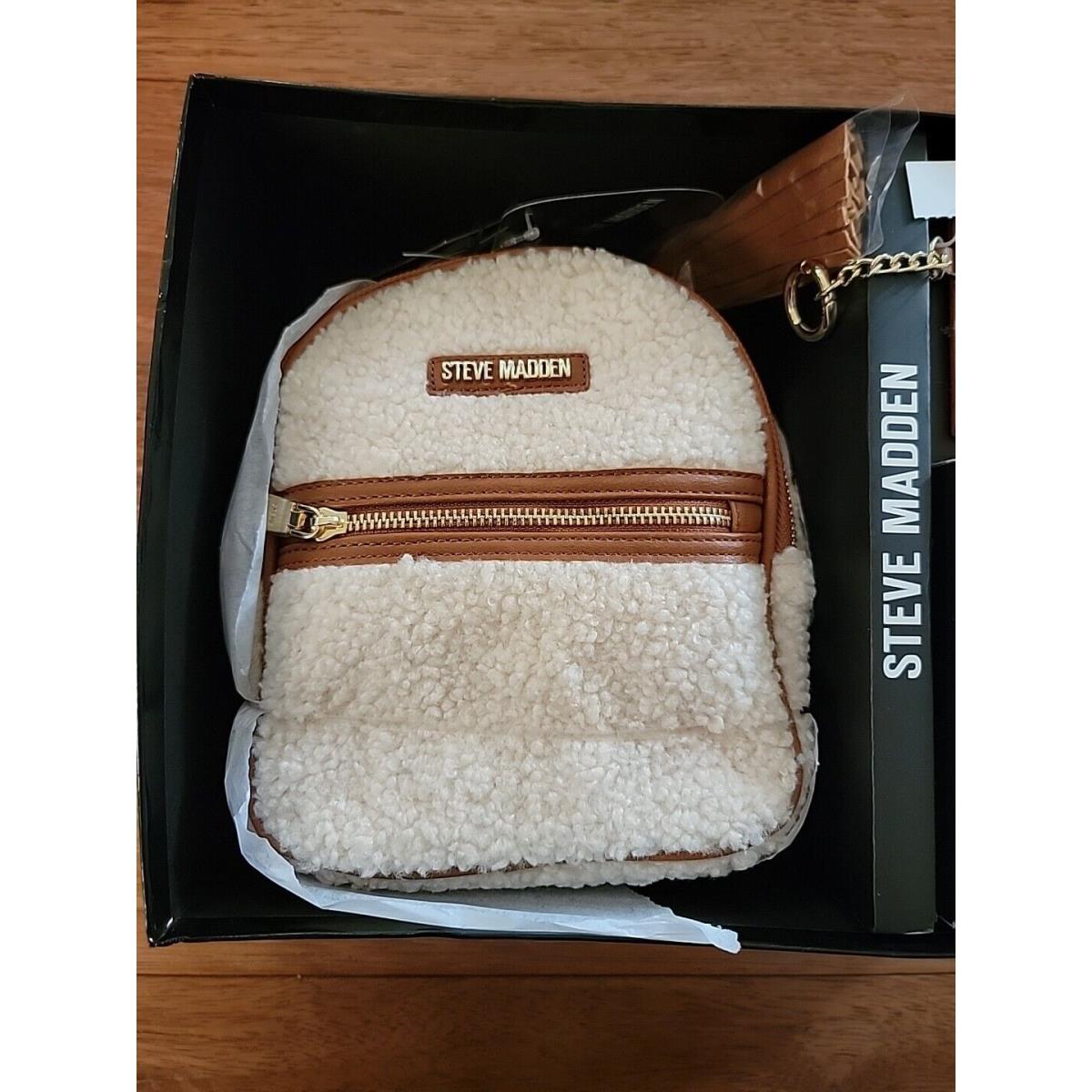 Steve Madden Cream / Brown Sherpa Mini Backpack with Card Case Sets