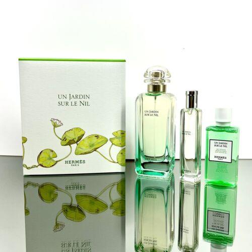 Hermes Un Jardin Sur Le Nil 3pc Set 3.3oz Edt Spr +0.5oz Spr +1.35oz S/gel BU45