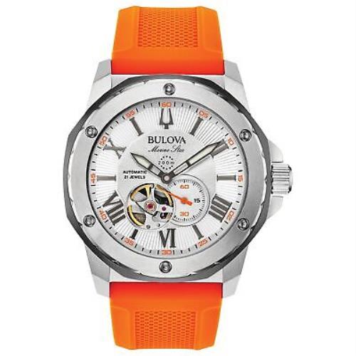 Bulova Men`s Marine Star `series A` Automatic Watch Orange Silicone Strap 98A226 - Orange