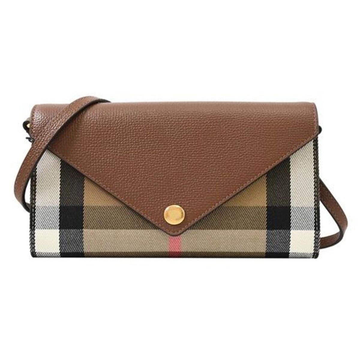 Burberry Hannah Tan Leather Canvas Check Shoulder Strap Clutch Bag