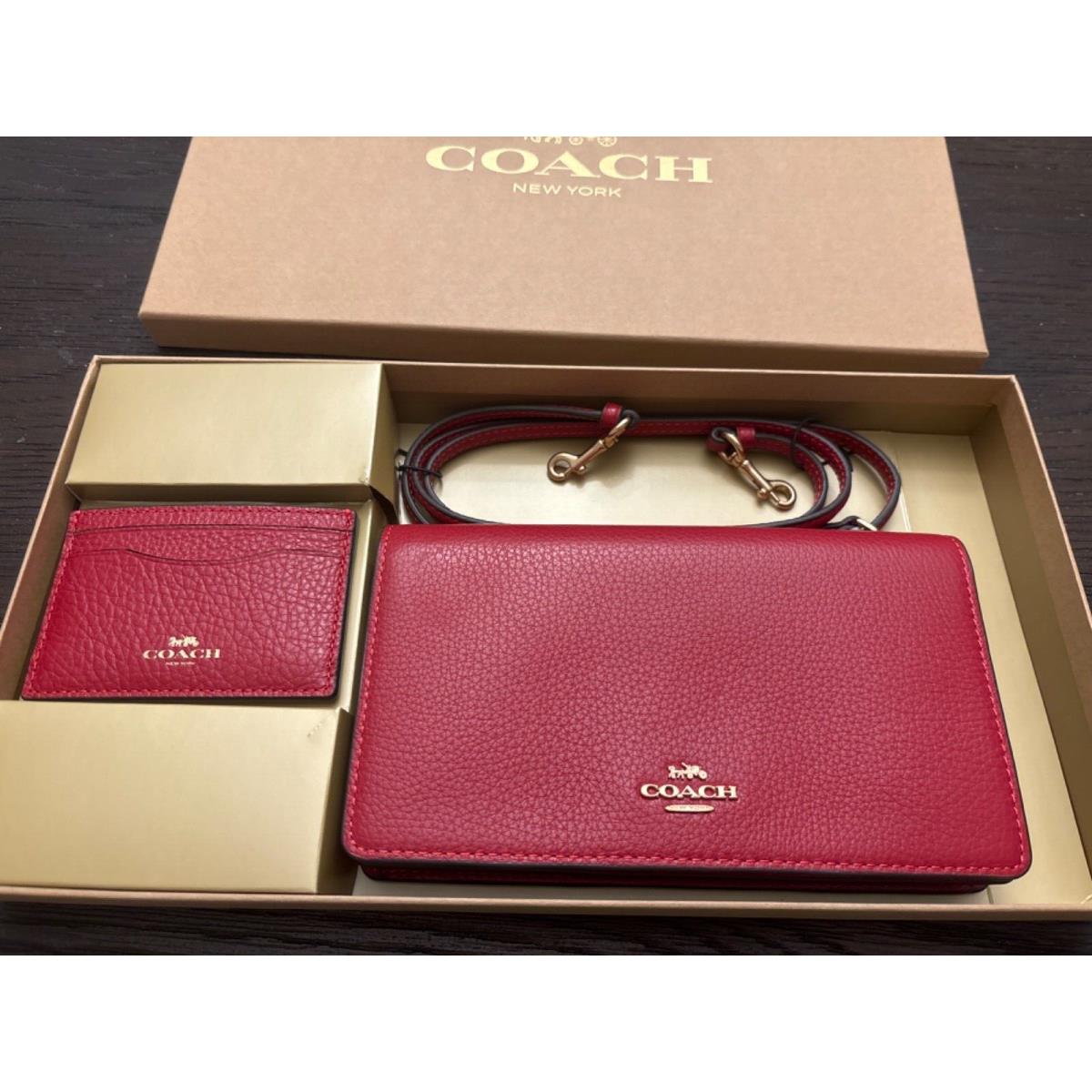 Red Coach Anna Foldover Clutch Crossbody Bag Business Card Case Set