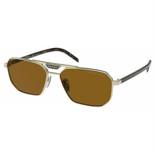 Prada PR 58YS ZVN5Y1 Pale Gold Metal Rectangle Sunglasses Brown Polarized Lens