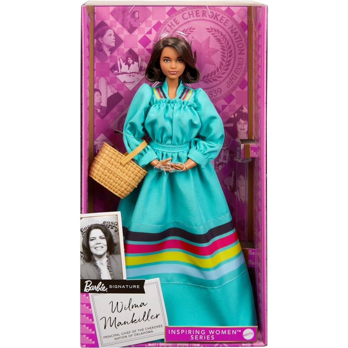 Barbie Inspiring Women Doll Wilma Mankiller Collectible Turquoise Dress Basket