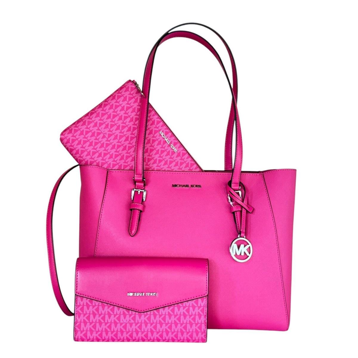 Michael Kors Charlotte Large 3 IN 1 Tote Shoulder Bag + Clutch Dragon Fruit