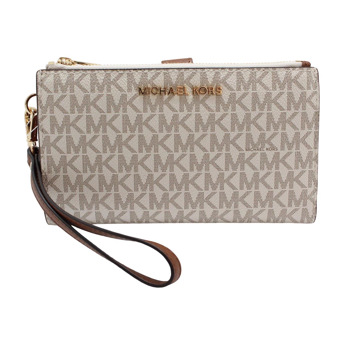 Michael Kors Women`s Jet Set Travel MK Signature Double Zip Wristlet Wallet Vanilla MK PVC