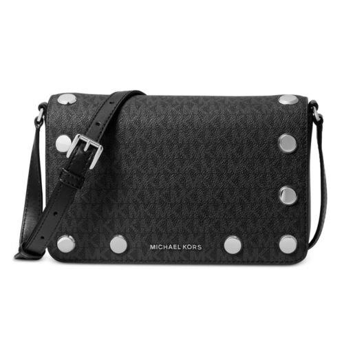 Michael Kors Holly Black Signature Logo Silver Flap Messenger Bag Crossbody