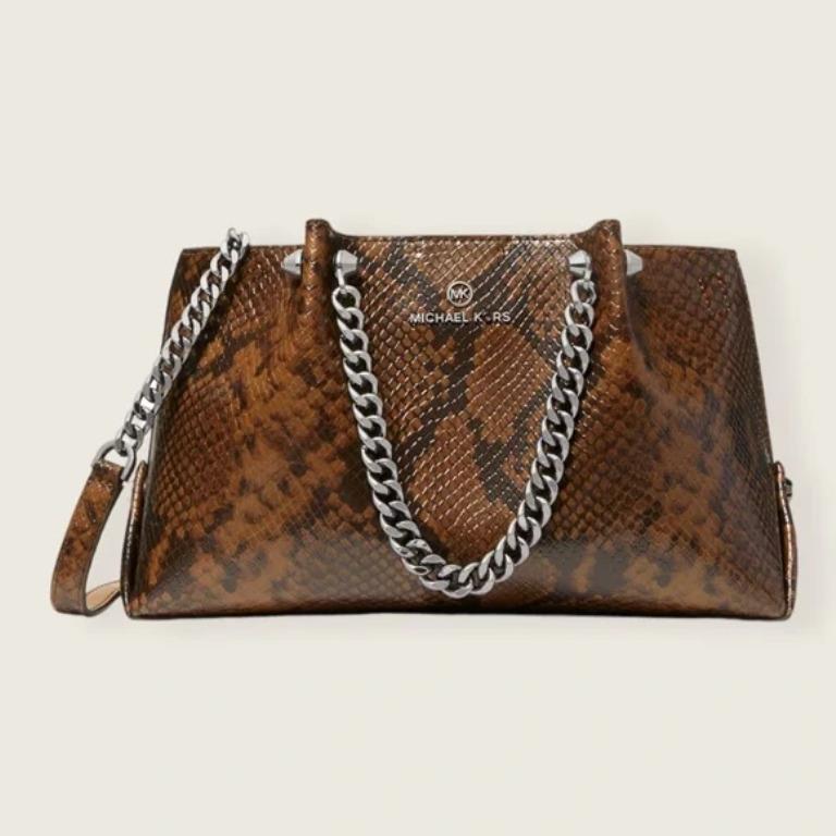 Michael Kors Zena Convertible Chain Messenger Bag Brown Snake Print Gunmetal