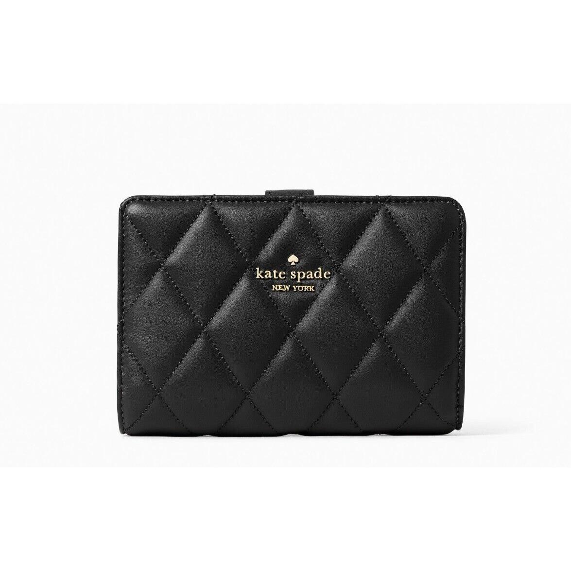 New Kate Spade Carey Medium Compact Bifold Wallet Quilted Leather Black