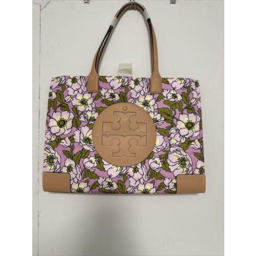 Tory Burch Ella Aster Pink Flower Nylon Leather Large Tote Bag