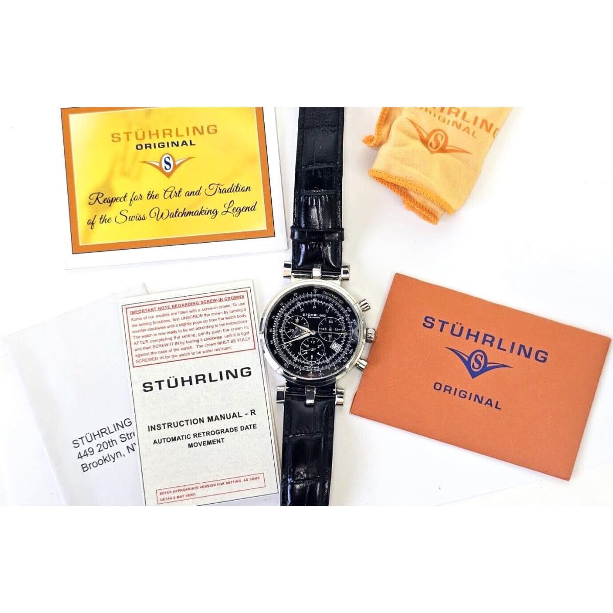 Stuhrling Trackmaster 211 Quartz 42mm Chronograph Leather Strap Men`s Watch