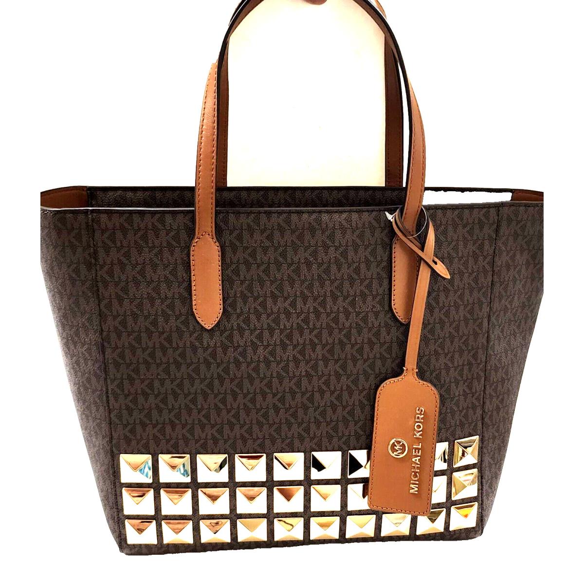 Michael Kors Jet Set Travel Gold Tone Studs Brown Acorn Pvc Tote Shoulder Bag