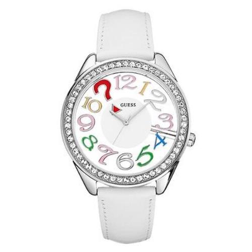 Guess White Leather Crystals Multi Color Clearly Quiz Clear Dial WATCH-U11066L1