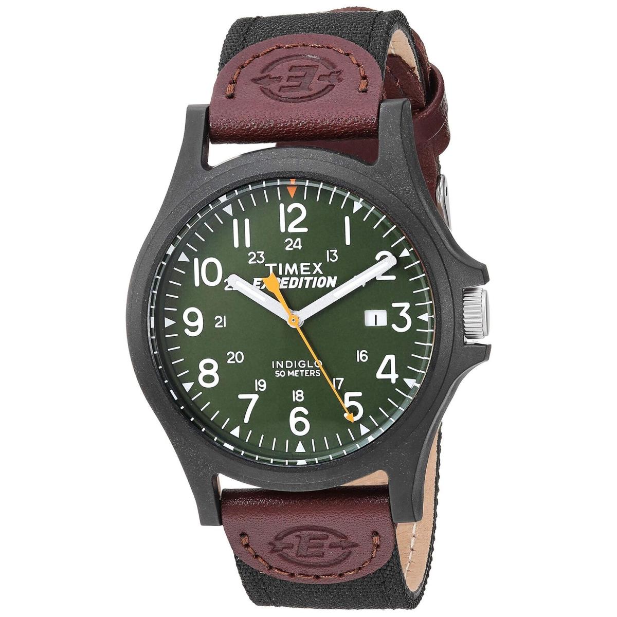 Timex TWF3C8430 Men`s Watch Leather Band Green Dial Analog Quartz