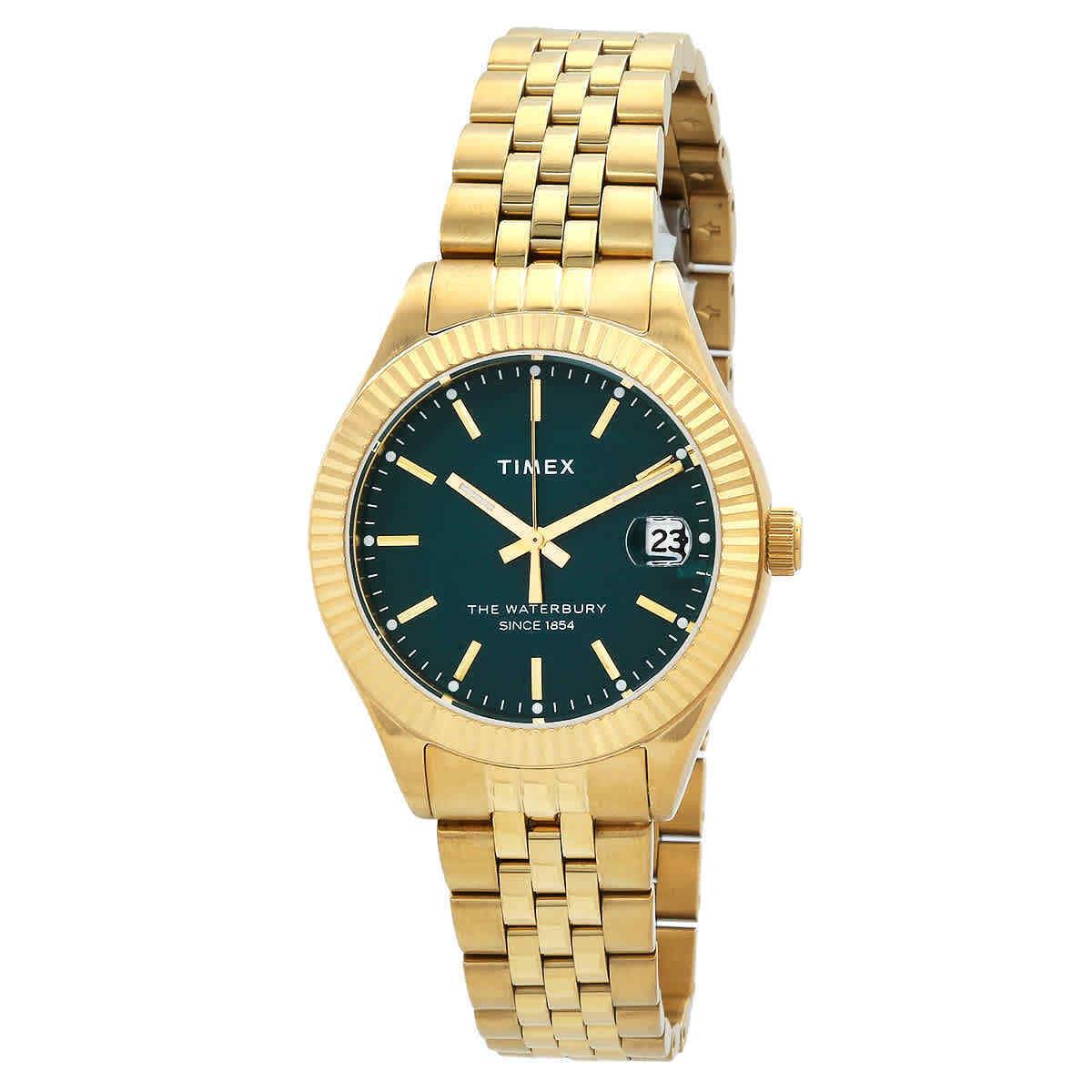 Timex The Waterbury Quartz Green Dial Ladies Watch TW2V31700 - Dial: Green, Band: Gold-tone, Bezel: Gold-tone