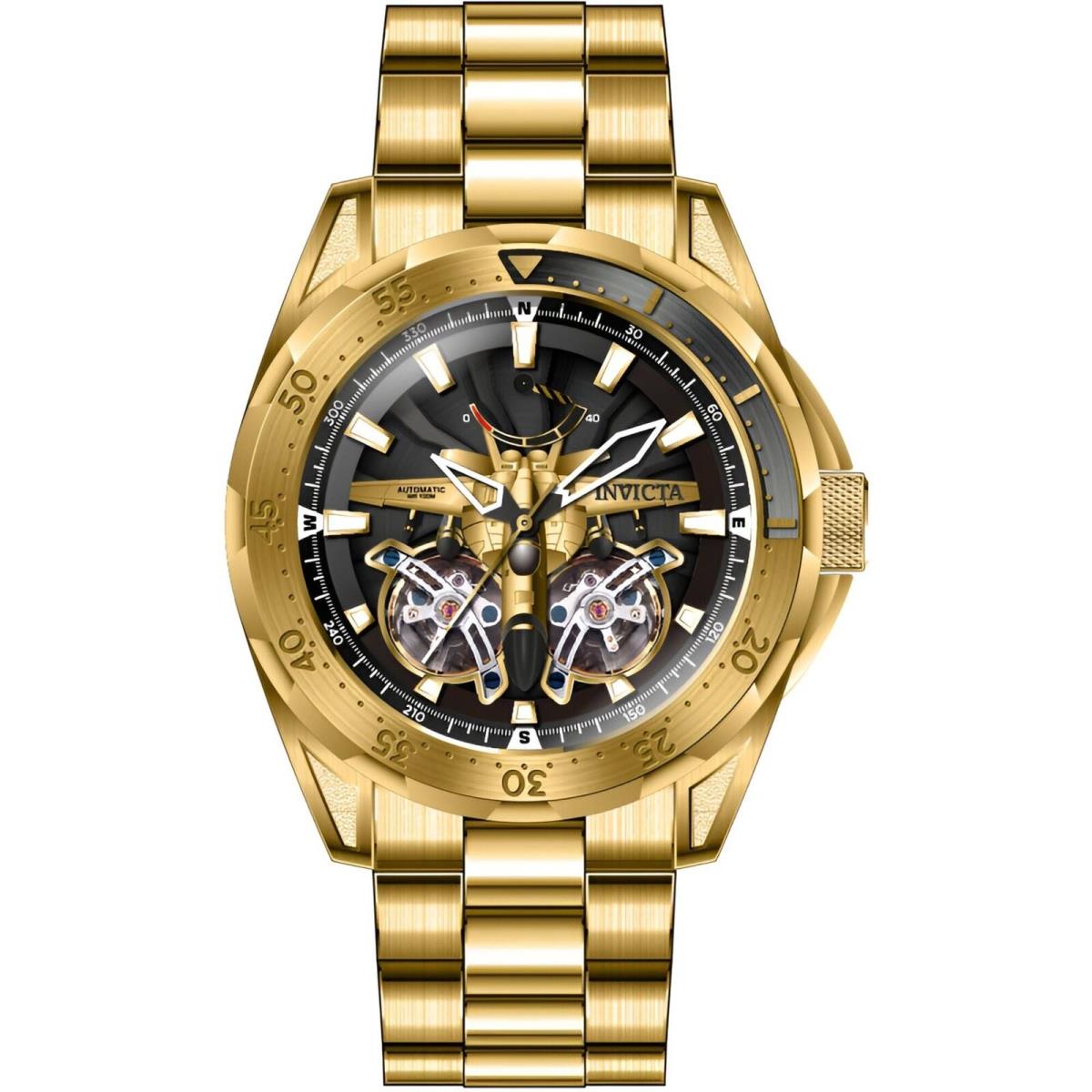 Invicta Men`s Watch Aviator Automatic Gold and Black Open Heart Dial Steel 44687