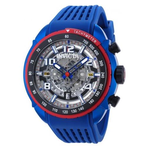 Invicta S1 Rally Men`s 48mm Anatomic Skeleton Dial Blue Chronograph Watch 36370 - Dial: Black, Gray, Multicolor, Silver, Band: Blue, Bezel: Black, Red