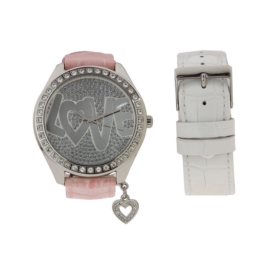 Guess Pink White Leather Band Set Crystals Love Glitz Heart WATCH-U95140L1